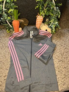 adidas Gray Zip Track Jacket with Pink Stripes